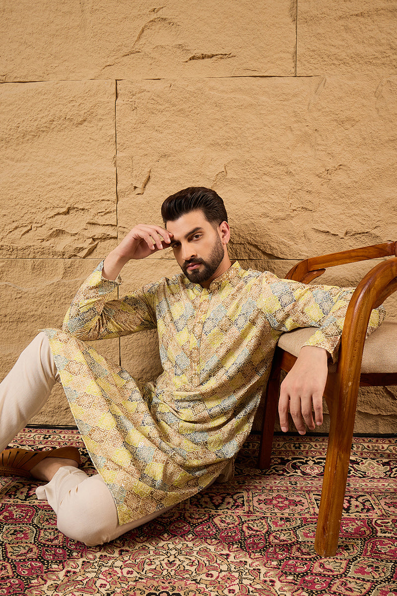 S, ethnic-wear, L, M, New arrivals, new-label, new-launch, men kurta, Viscose Rayon, Mandarin Collar, viscose-rayon-men-kurta, Long Sleeves, Bandhani Design, XL, Yellow