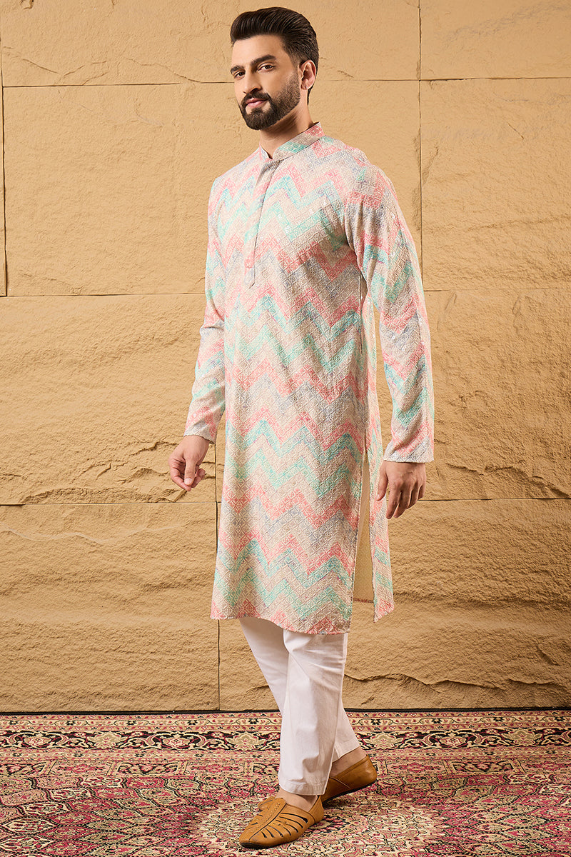 S, ethnic-wear, L, M, New arrivals, new-label, new-launch, men kurta, Viscose Rayon, Mandarin Collar, viscose-rayon-men-kurta, Long Sleeves, Geometric Design, XL, Multicolour