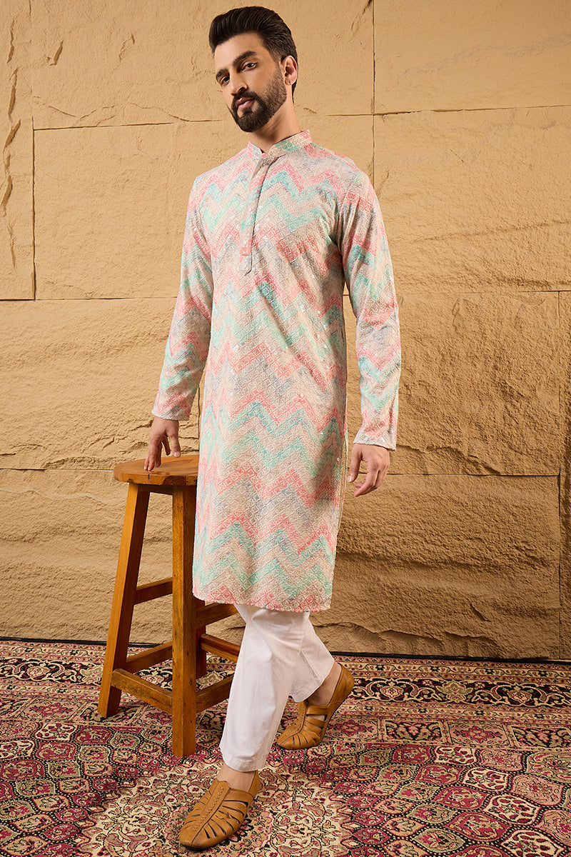 S, ethnic-wear, L, M, New arrivals, new-label, new-launch, men kurta, Viscose Rayon, Mandarin Collar, viscose-rayon-men-kurta, Long Sleeves, Geometric Design, XL, Multicolour