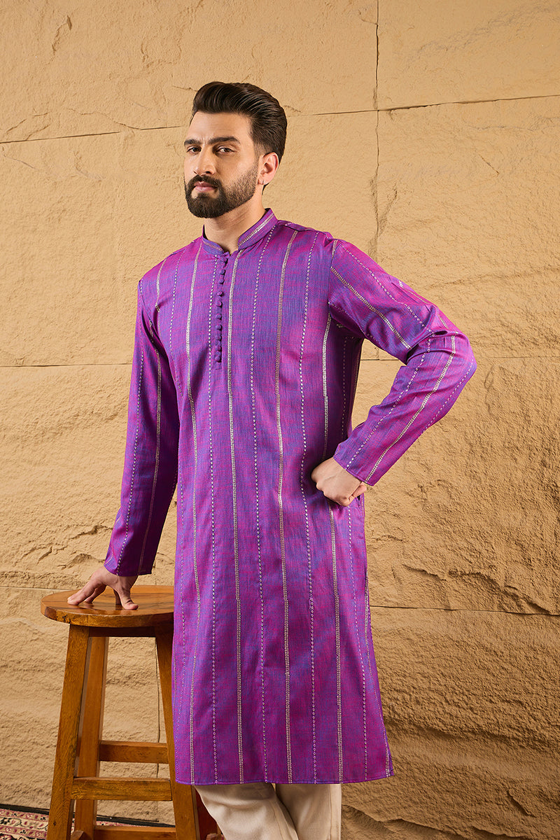 Purple Cotton Solid Embroidered Sequins Straight Kurta HOPMKU1194 | De
