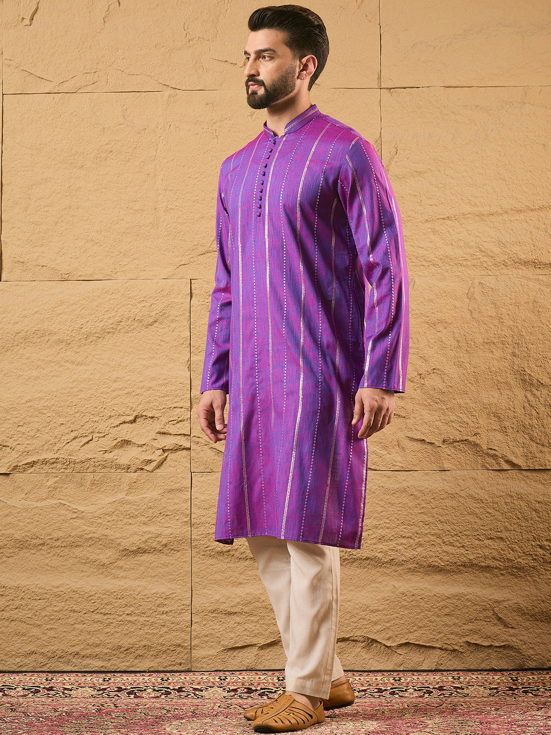 Ethnic Bay Men Purple Cotton Solid Embroidered Straight Kurta-MKU1194