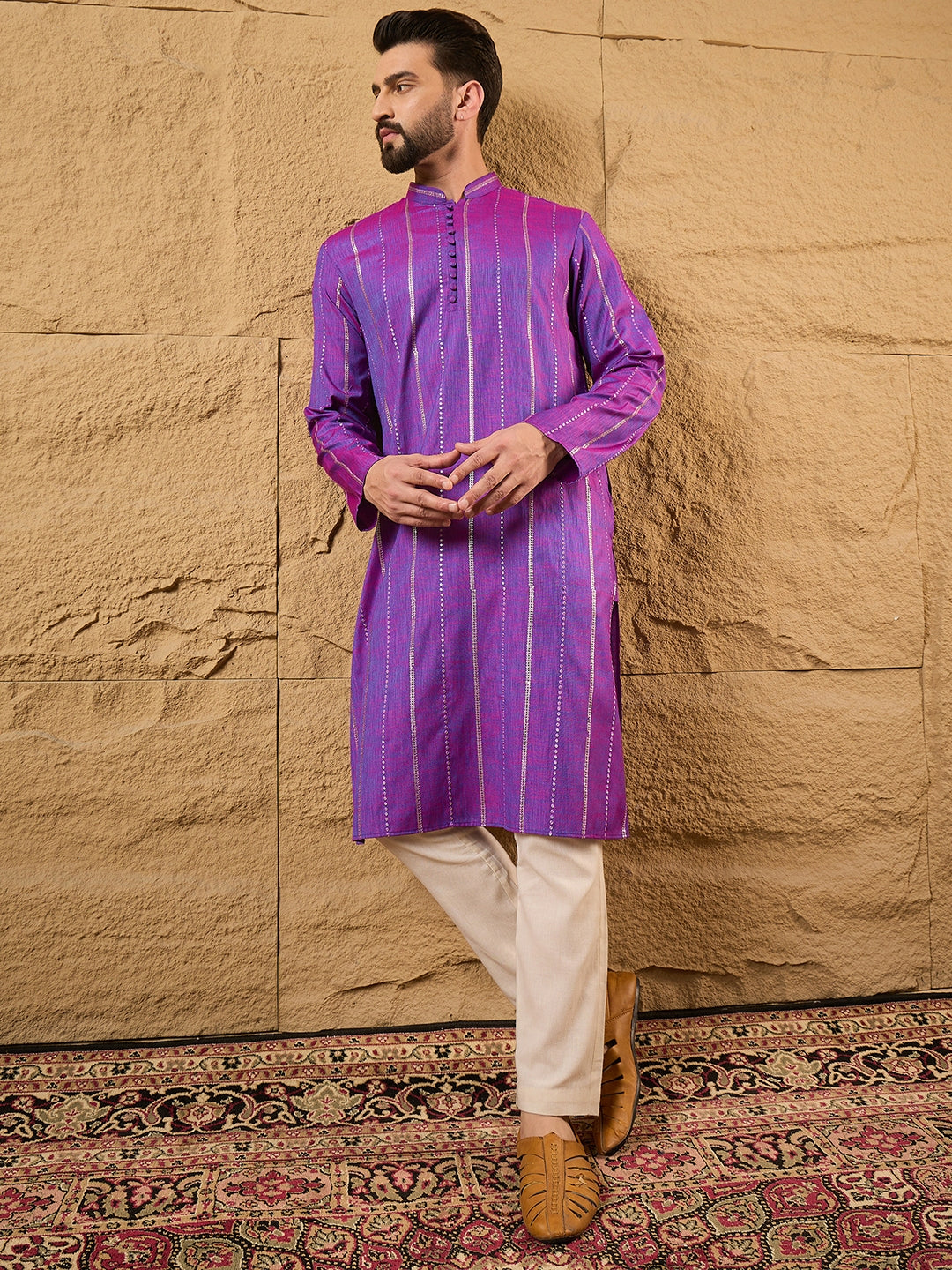 Ethnic Bay Men Purple Cotton Solid Embroidered Straight Kurta-MKU1194