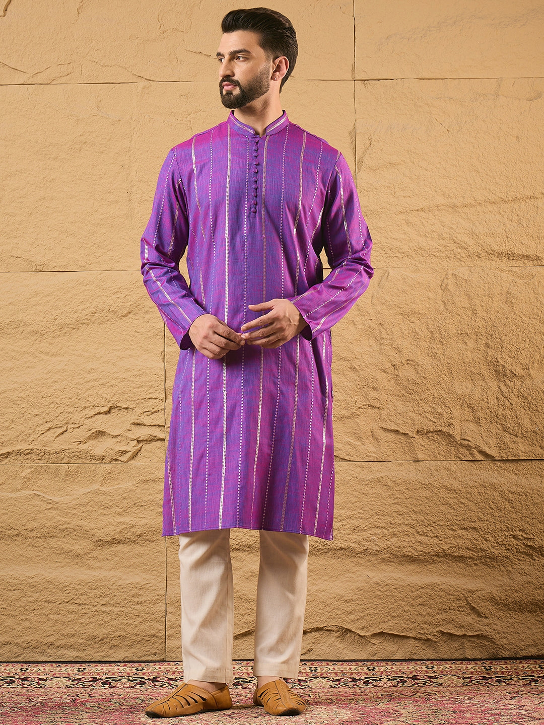 Ethnic Bay Men Purple Cotton Solid Embroidered Straight Kurta-MKU1194