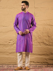 Ethnic Bay Men Purple Cotton Solid Embroidered Straight Kurta-MKU1194