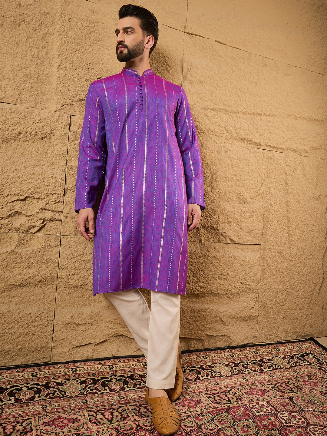 Ethnic Bay Men Purple Cotton Solid Embroidered Straight Kurta-MKU1194