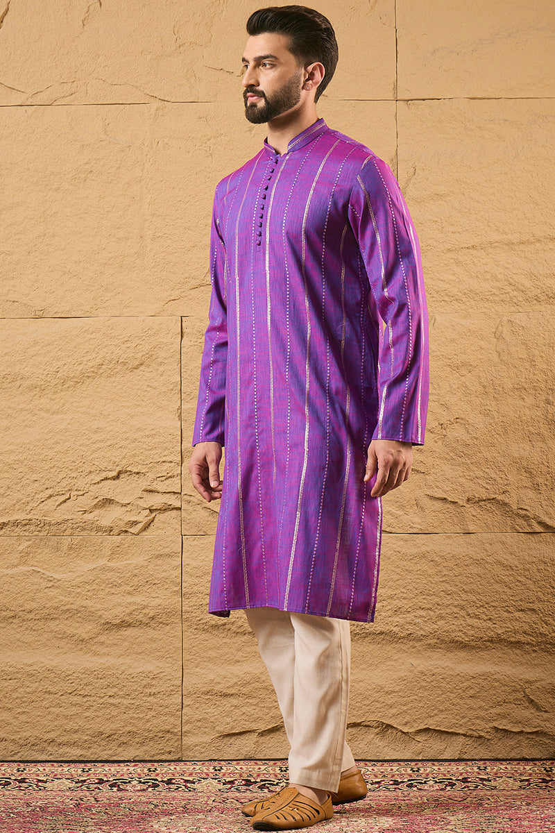 Purple Cotton Solid Embroidered Sequins Straight Kurta HOPMKU1194 | De
