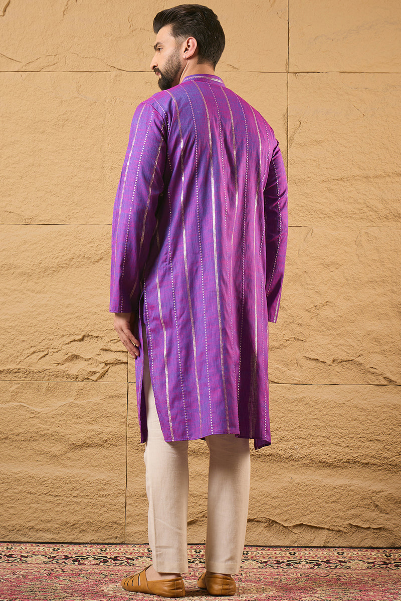 Purple Cotton Solid Embroidered Sequins Straight Kurta HOPMKU1194 | De
