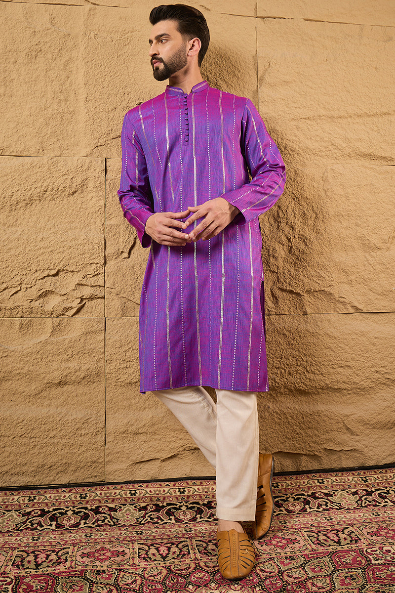 Purple Cotton Solid Embroidered Sequins Straight Kurta HOPMKU1194 | De