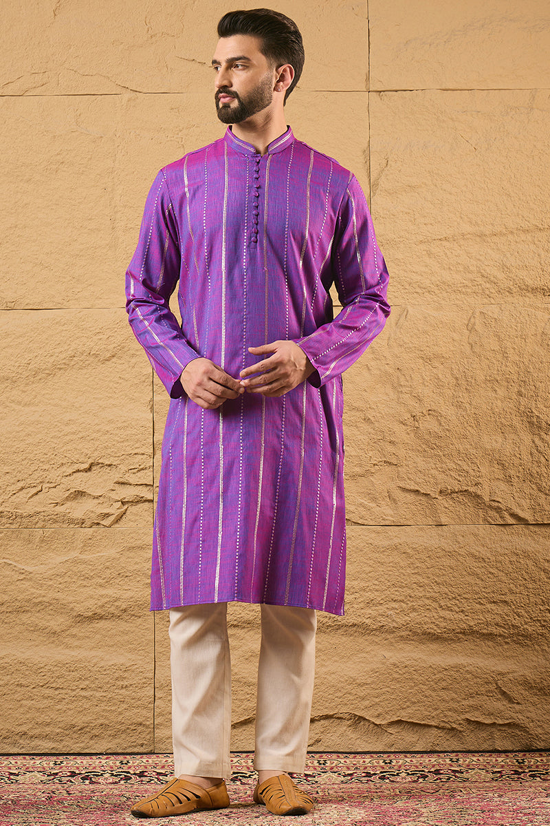 Purple Cotton Solid Embroidered Sequins Straight Kurta HOPMKU1194 | De