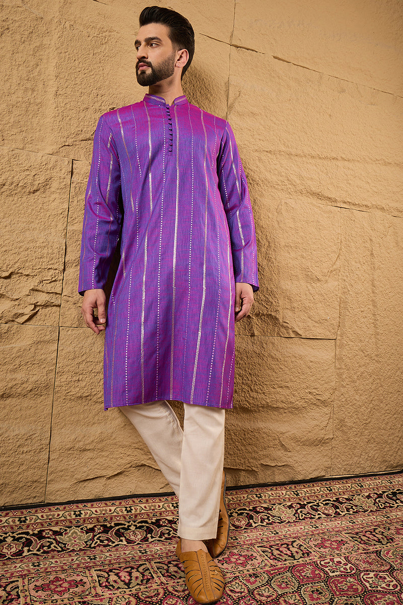 Purple Cotton Solid Embroidered Sequins Straight Kurta HOPMKU1194 | De
