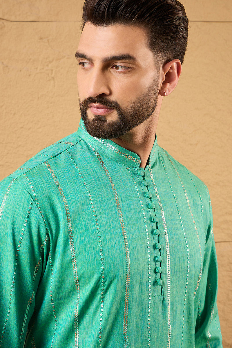 Turquoise Blue Pure Cotton Embroidered Straight Kurta HOPMKU1195 | Des