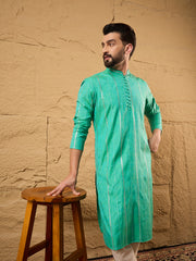 Ethnic Bay Men Turquoise Blue Cotton Solid Embroidered Straight Kurta-MKU1195