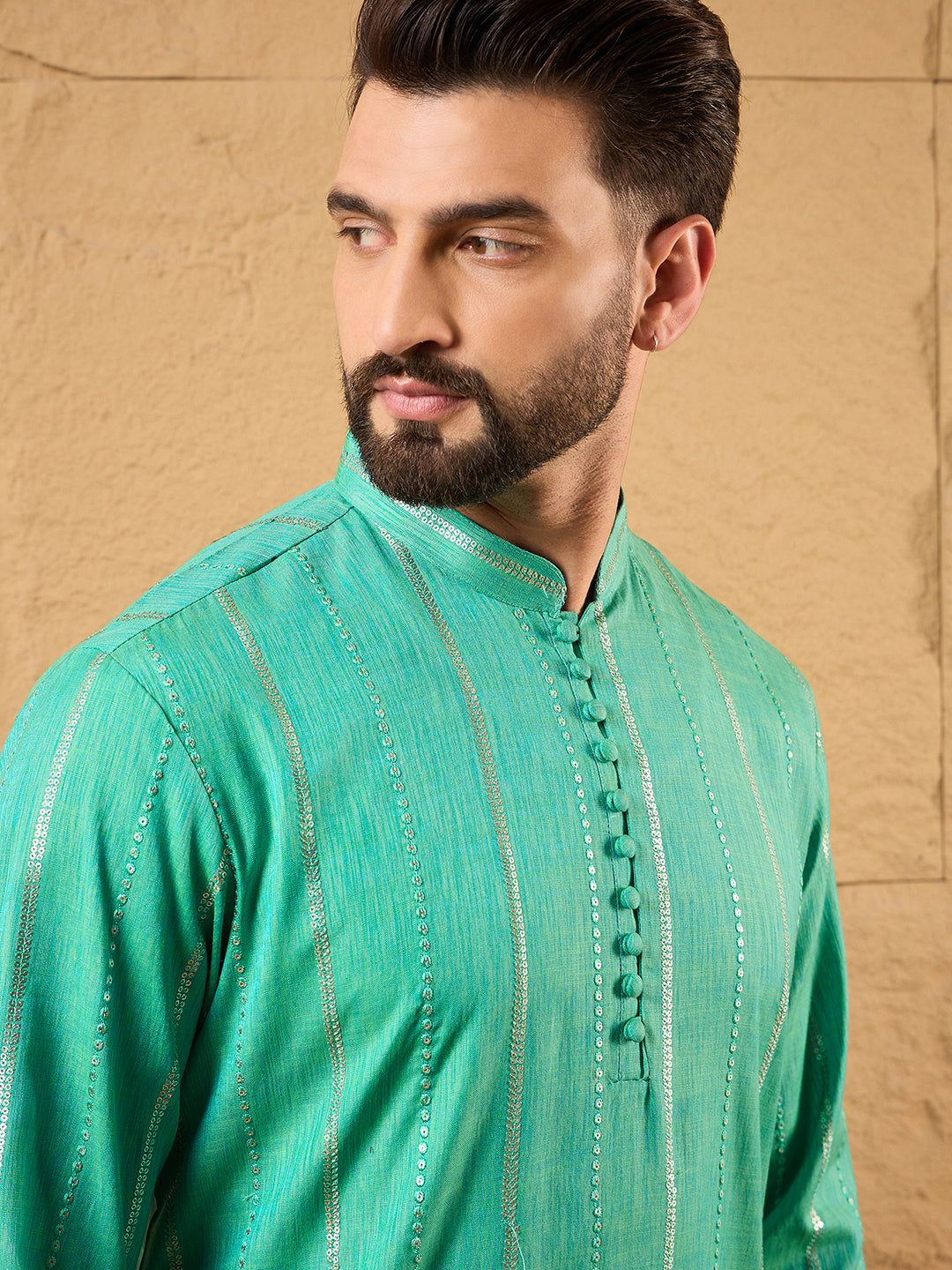 Ethnic Bay Men Turquoise Blue Cotton Solid Embroidered Straight Kurta-MKU1195