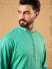 Ethnic Bay Men Turquoise Blue Cotton Solid Embroidered Straight Kurta-MKU1195