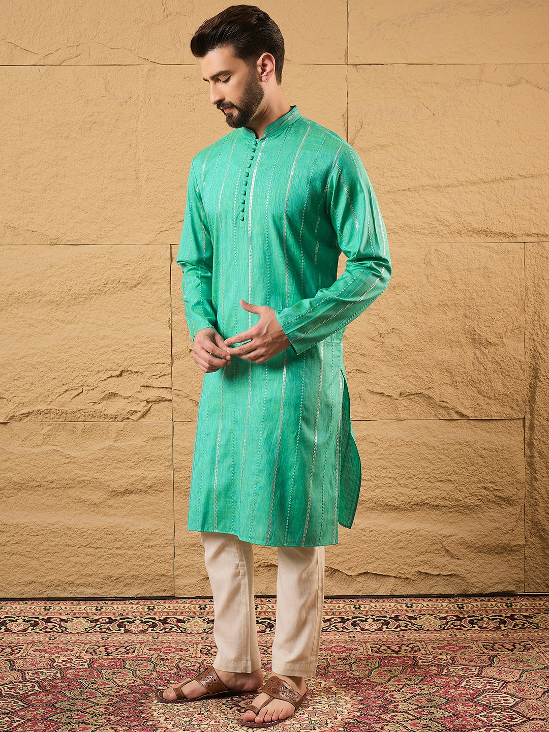 Ethnic Bay Men Turquoise Blue Cotton Solid Embroidered Straight Kurta-MKU1195