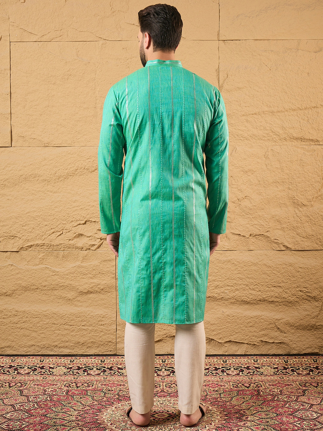 Ethnic Bay Men Turquoise Blue Cotton Solid Embroidered Straight Kurta-MKU1195