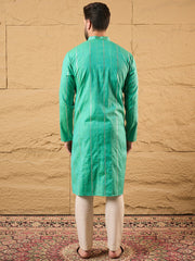 Ethnic Bay Men Turquoise Blue Cotton Solid Embroidered Straight Kurta-MKU1195