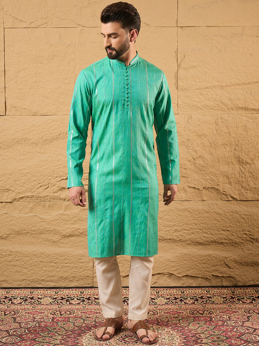 Ethnic Bay Men Turquoise Blue Cotton Solid Embroidered Straight Kurta-MKU1195