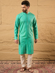 Ethnic Bay Men Turquoise Blue Cotton Solid Embroidered Straight Kurta-MKU1195