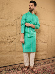Ethnic Bay Men Turquoise Blue Cotton Solid Embroidered Straight Kurta-MKU1195