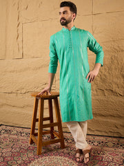 Ethnic Bay Men Turquoise Blue Cotton Solid Embroidered Straight Kurta-MKU1195