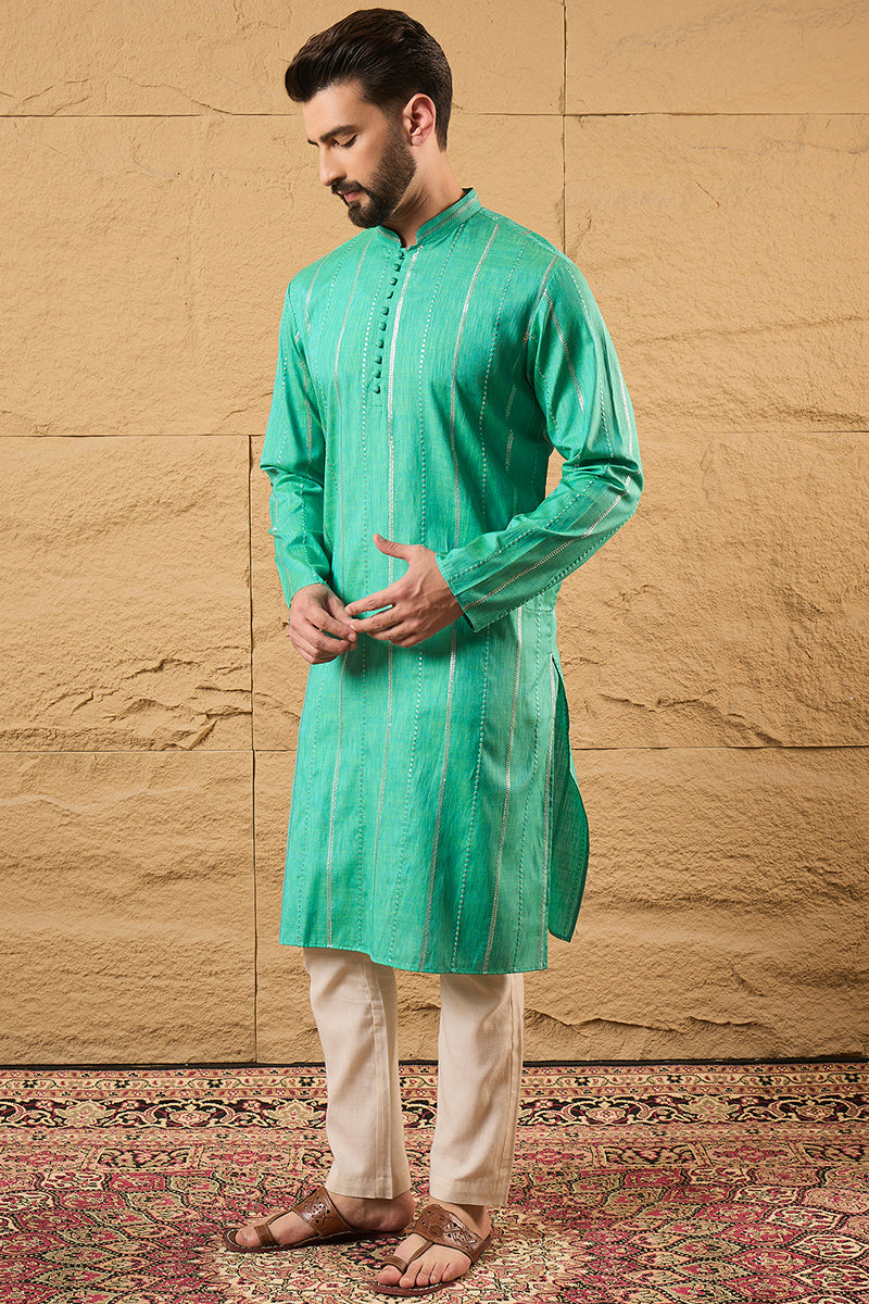Turquoise Blue Pure Cotton Embroidered Straight Kurta HOPMKU1195 | Des