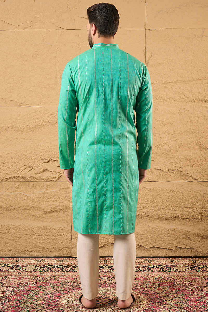 Turquoise Blue Pure Cotton Embroidered Straight Kurta HOPMKU1195 | Des