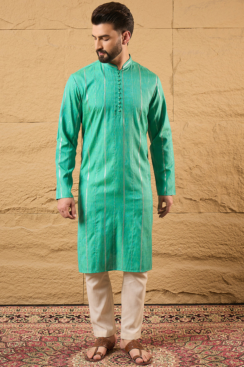 Turquoise Blue Pure Cotton Embroidered Straight Kurta HOPMKU1195 | Des