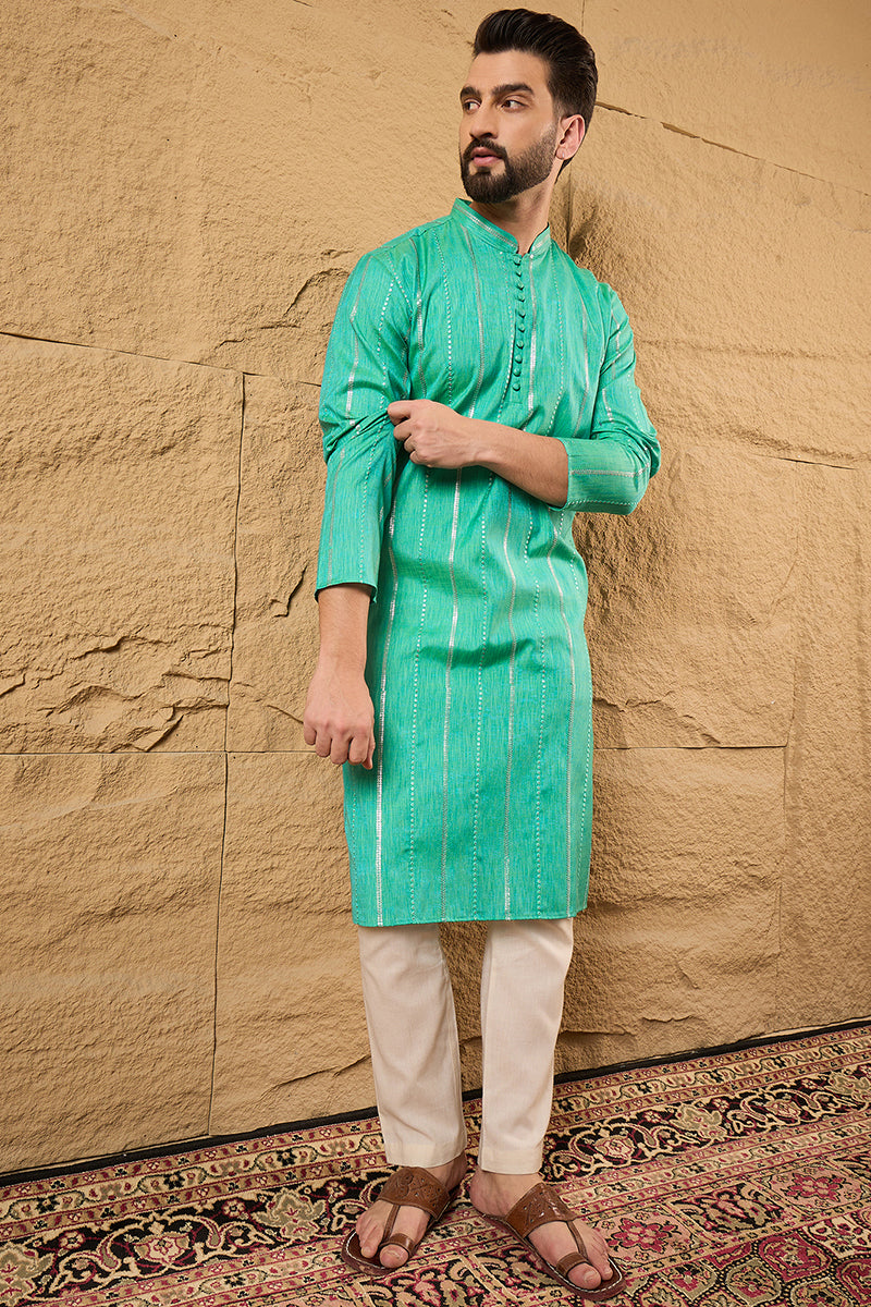 Turquoise Blue Pure Cotton Embroidered Straight Kurta HOPMKU1195 | Des