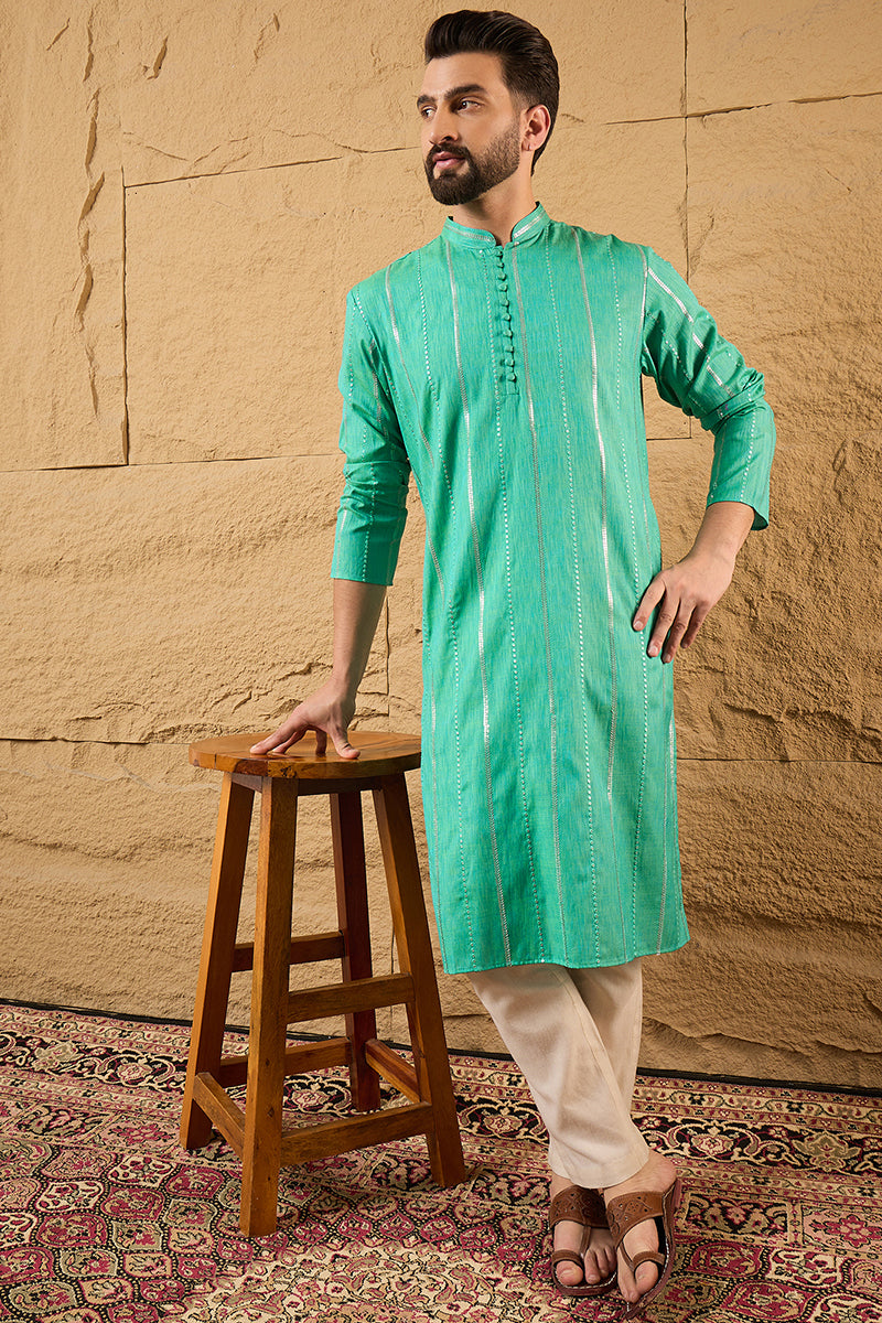 Turquoise Blue Pure Cotton Embroidered Straight Kurta HOPMKU1195 | Des