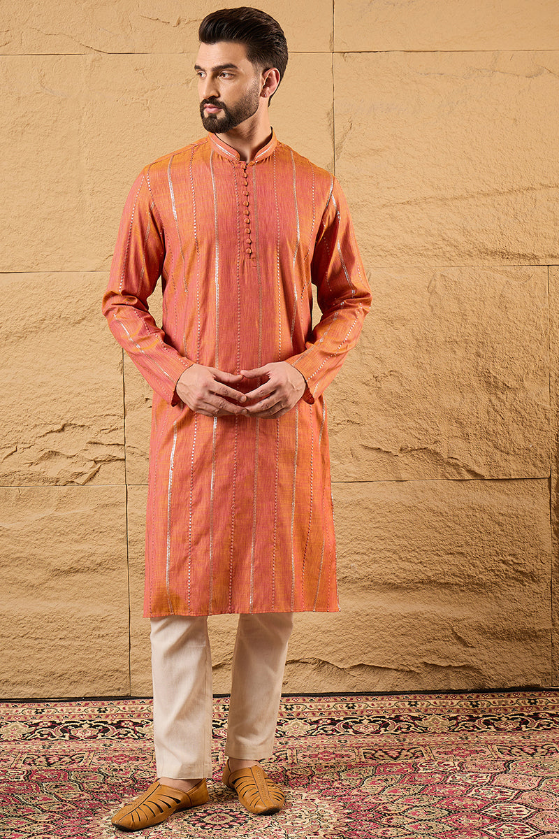Orange Pure Cotton Embroidered Straight Kurta MKU1196