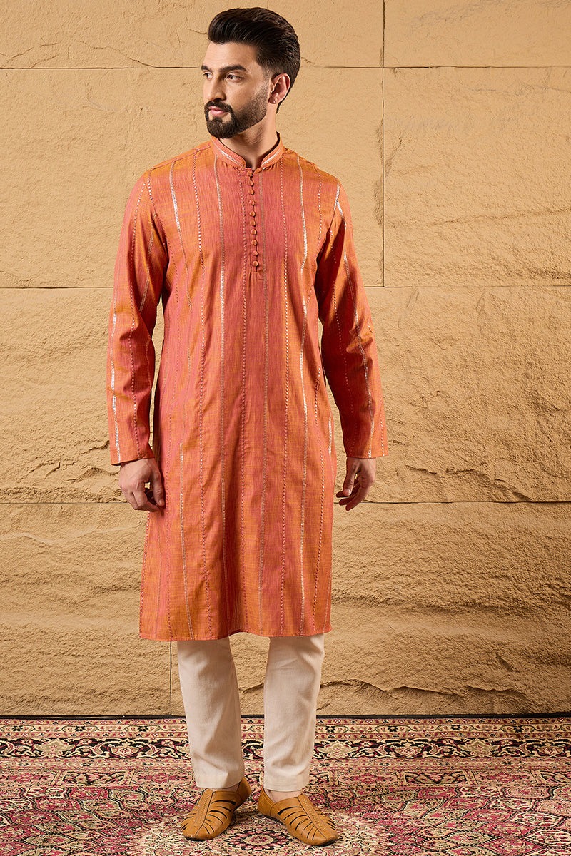 Orange Pure Cotton Embroidered Straight Kurta MKU1196
