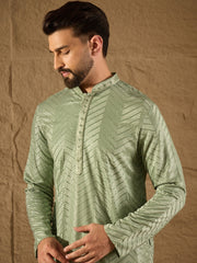 Ethnic Bay Men Green Viscose Rayon Solid Embroidered Straight Kurta-MKU1203