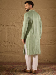 Ethnic Bay Men Green Viscose Rayon Solid Embroidered Straight Kurta-MKU1203