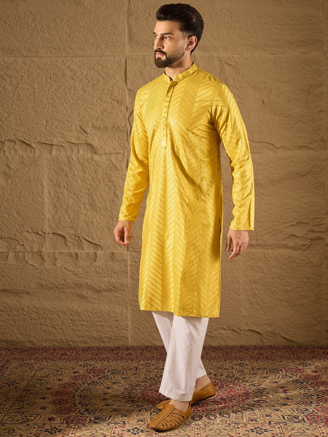 Ethnic Bay Men Yellow Viscose Rayon Solid Embroidered Straight Kurta-MKU1204