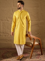 Ethnic Bay Men Yellow Viscose Rayon Solid Embroidered Straight Kurta-MKU1204