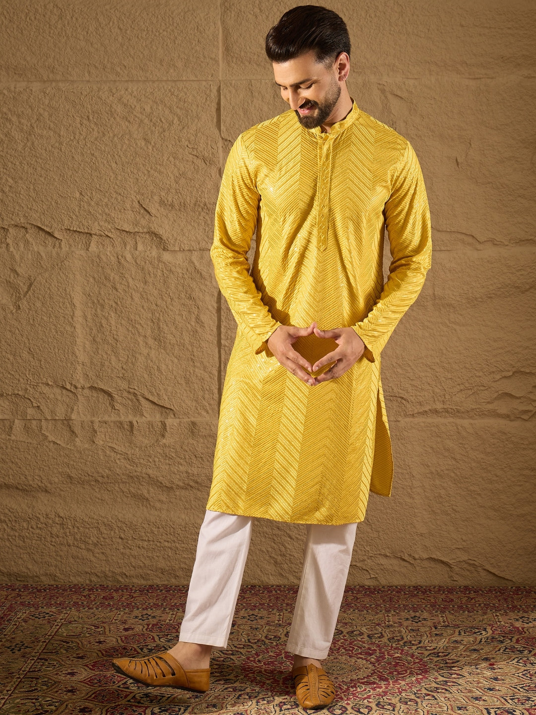Ethnic Bay Men Yellow Viscose Rayon Solid Embroidered Straight Kurta-MKU1204