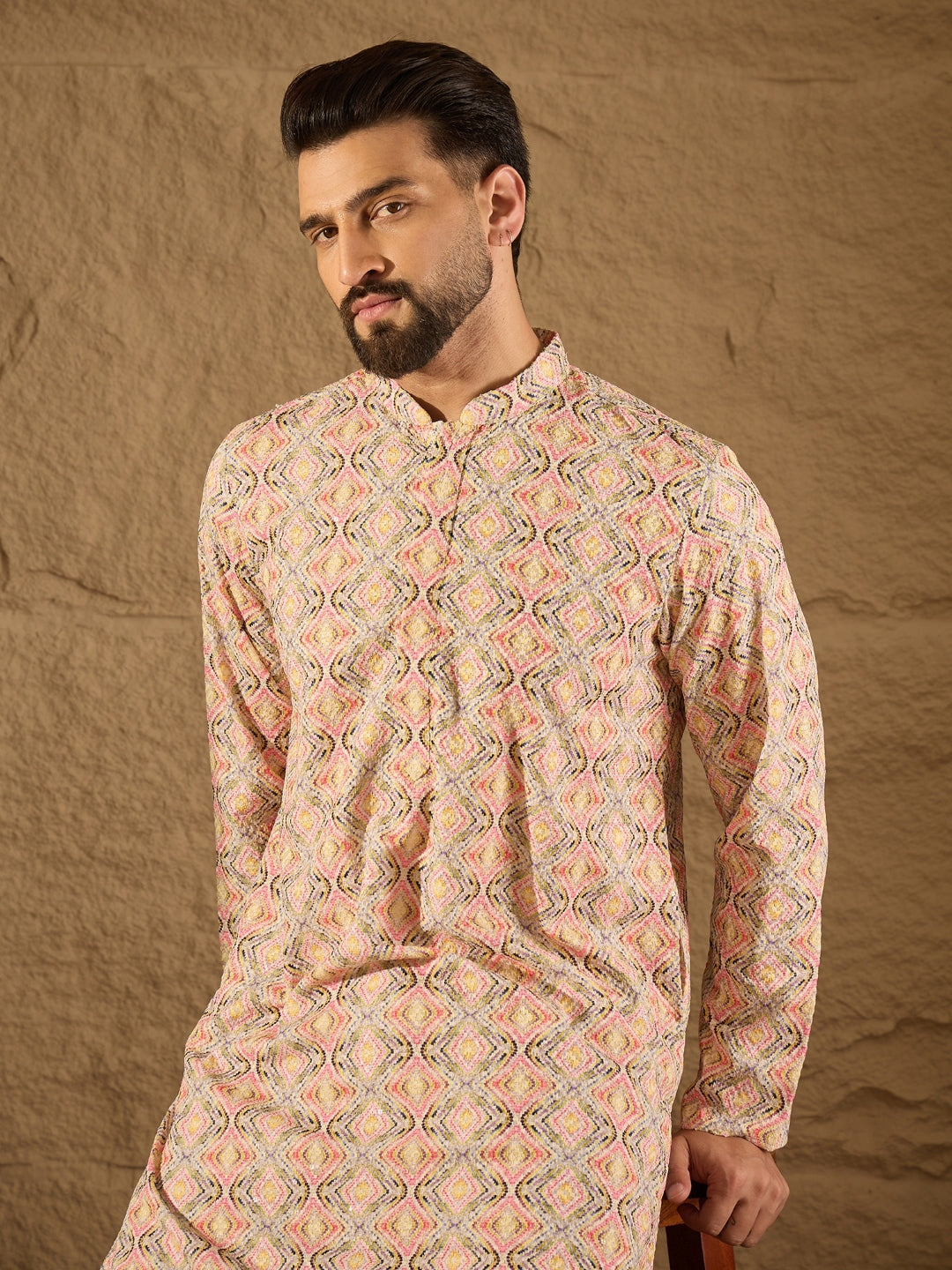 Ethnic Bay Men Multi Viscose Rayon Geometric Embroidered Straight Kurta-MKU1210