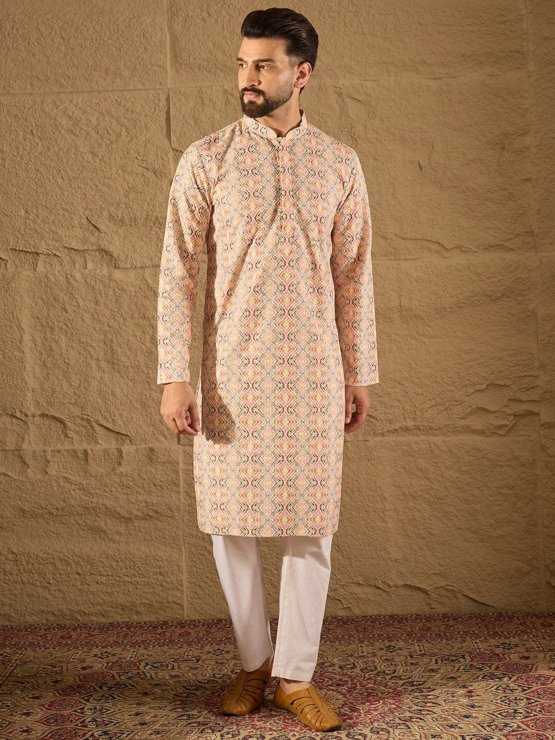 Ethnic Bay Men Multi Viscose Rayon Geometric Embroidered Straight Kurta-MKU1210