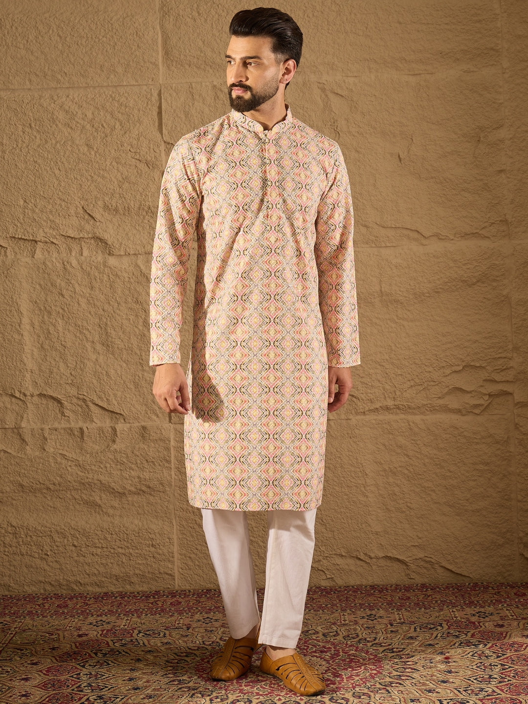 Ethnic Bay Men Multi Viscose Rayon Geometric Embroidered Straight Kurta-MKU1210