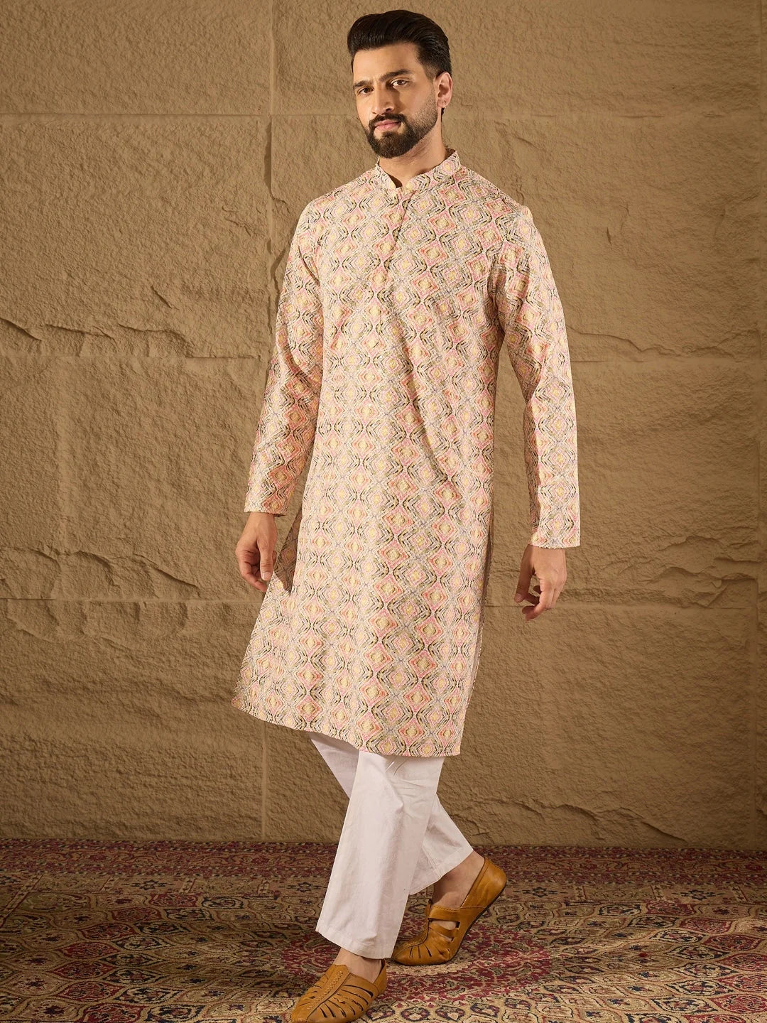 Ethnic Bay Men Multi Viscose Rayon Geometric Embroidered Straight Kurta-MKU1210