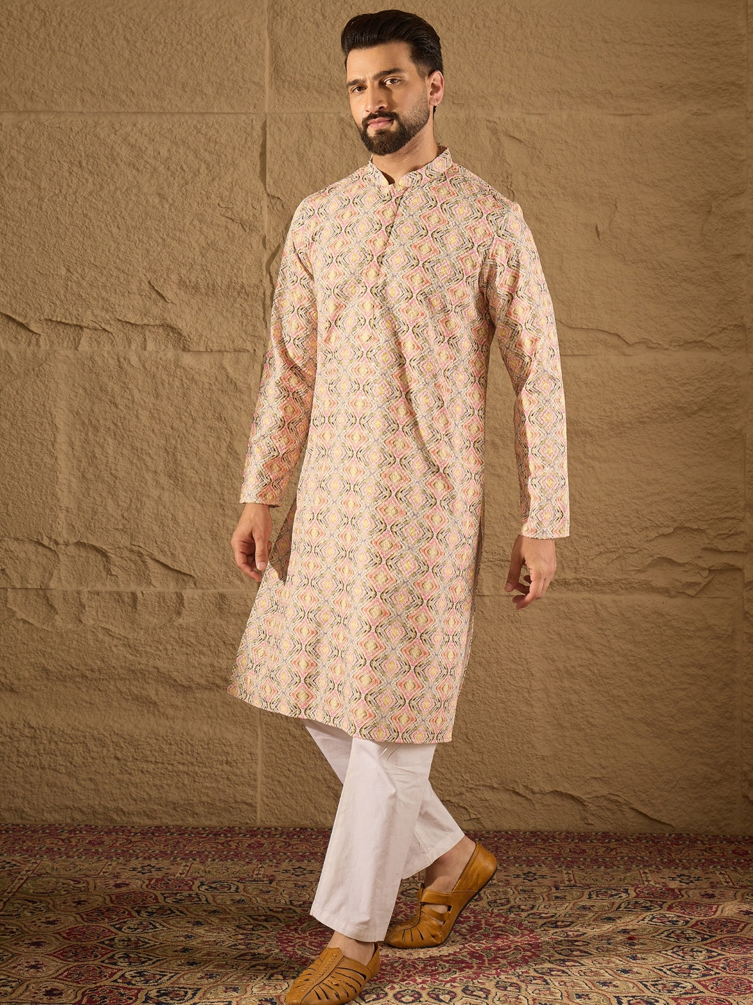 Ethnic Bay Men Multi Viscose Rayon Geometric Embroidered Straight Kurta-MKU1210