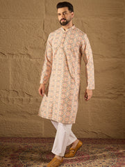 Ethnic Bay Men Multi Viscose Rayon Geometric Embroidered Straight Kurta-MKU1210