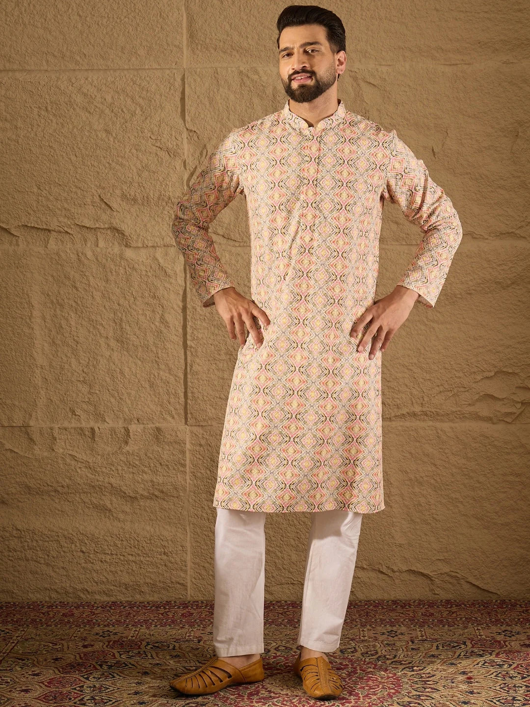 Ethnic Bay Men Multi Viscose Rayon Geometric Embroidered Straight Kurta-MKU1210