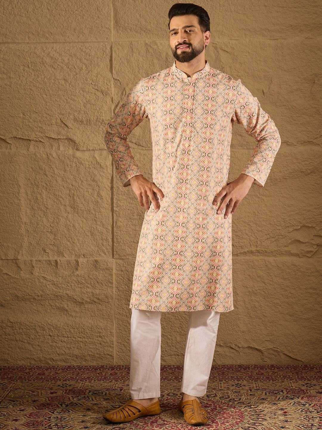 Ethnic Bay Men Multi Viscose Rayon Geometric Embroidered Straight Kurta-MKU1210