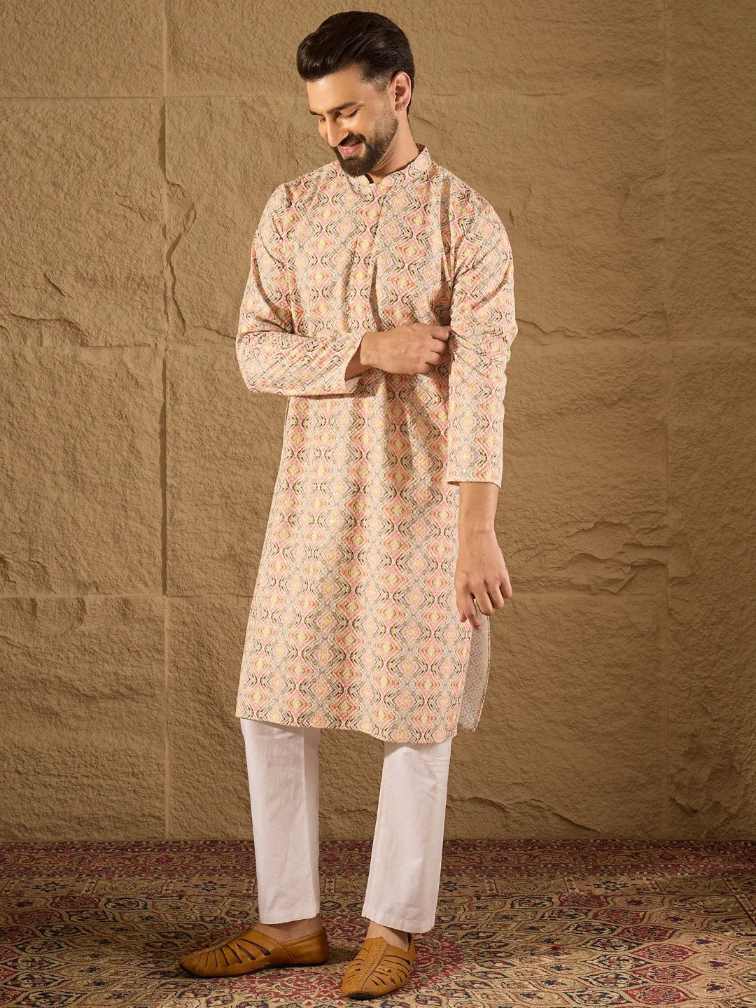 Ethnic Bay Men Multi Viscose Rayon Geometric Embroidered Straight Kurta-MKU1210