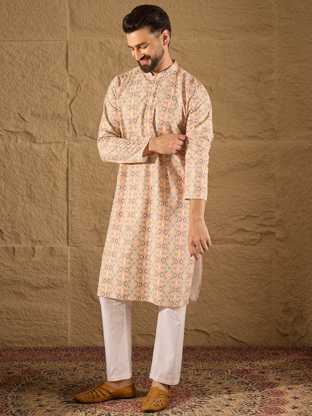 Ethnic Bay Men Multi Viscose Rayon Geometric Embroidered Straight Kurta-MKU1210