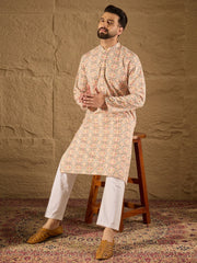 Ethnic Bay Men Multi Viscose Rayon Geometric Embroidered Straight Kurta-MKU1210