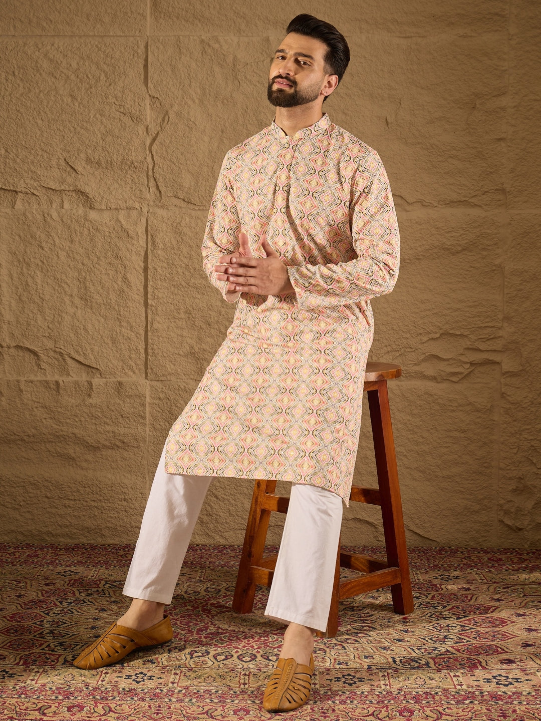 Ethnic Bay Men Multi Viscose Rayon Geometric Embroidered Straight Kurta-MKU1210