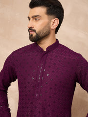 Ethnic Bay Men Purple Viscose Rayon Solid Embroidered Straight Kurta-MKU1211